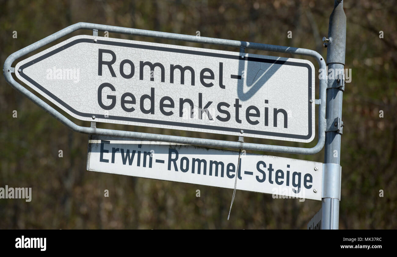 18 April 2018, Germany, Herrlingen: A sign leads the way to Erwin Rommel's grave at the cemetery. The former Field Marshal in the Wehrmacht Rommel spent his last years in Herrlingen. Photo: Stefan Puchner/dpa Stock Photo