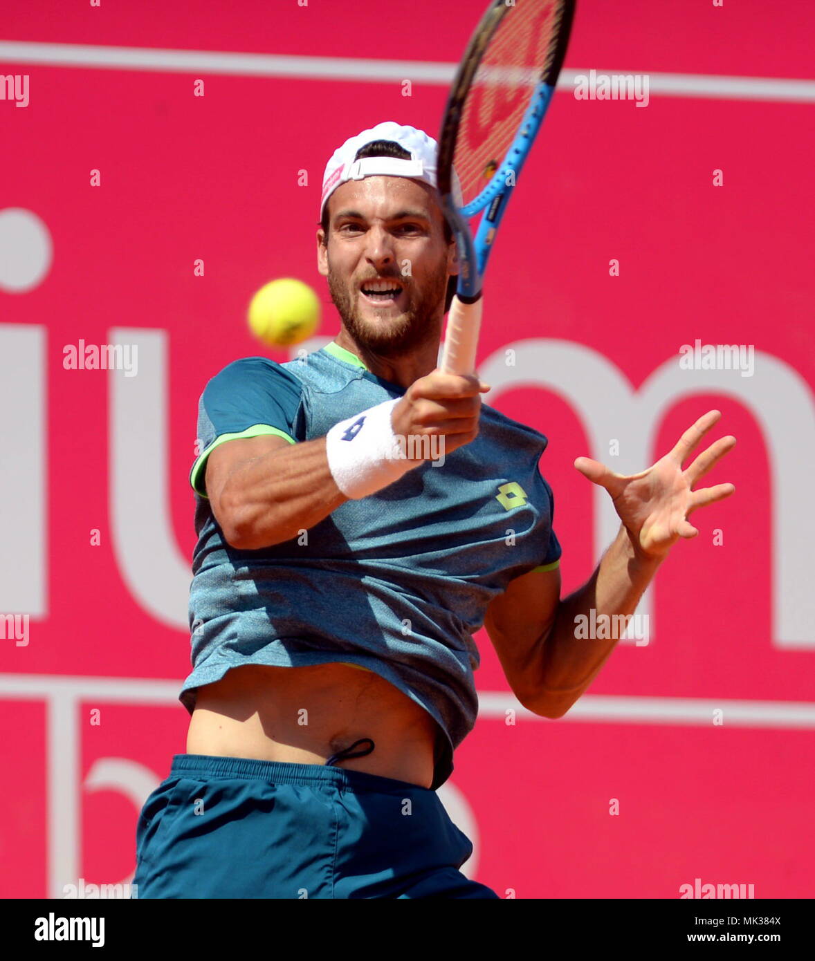 Cascais, Portugal. 6th May, 2018. Portugal's Joao Sousa hits a return  during the men's singles final match against Frances Tiafoe of the United  States at the Estoril Tennis Open in Cascais, Portugal,