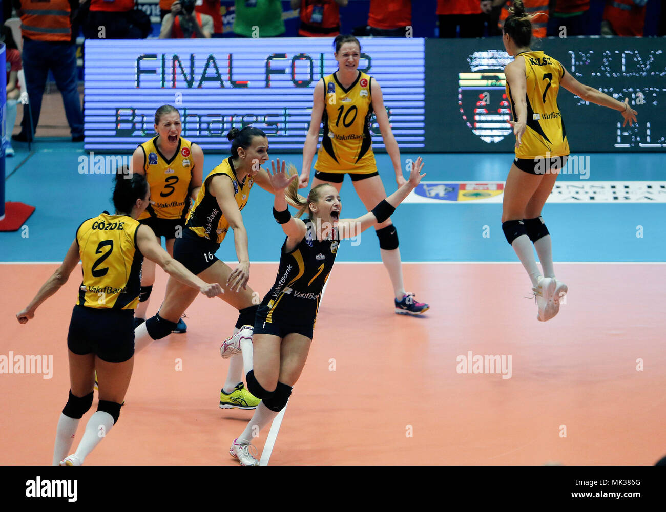 Bucharest, Romania. 6th May, 2018. Players of Turkey's Vakifbank celebrate  during the 2018 CEV Volleyball Champions League final against Romania's CSM  Volei Alba Blaj in Bucharest, Romania, May 6, 2018. Vakifbank Istanbul