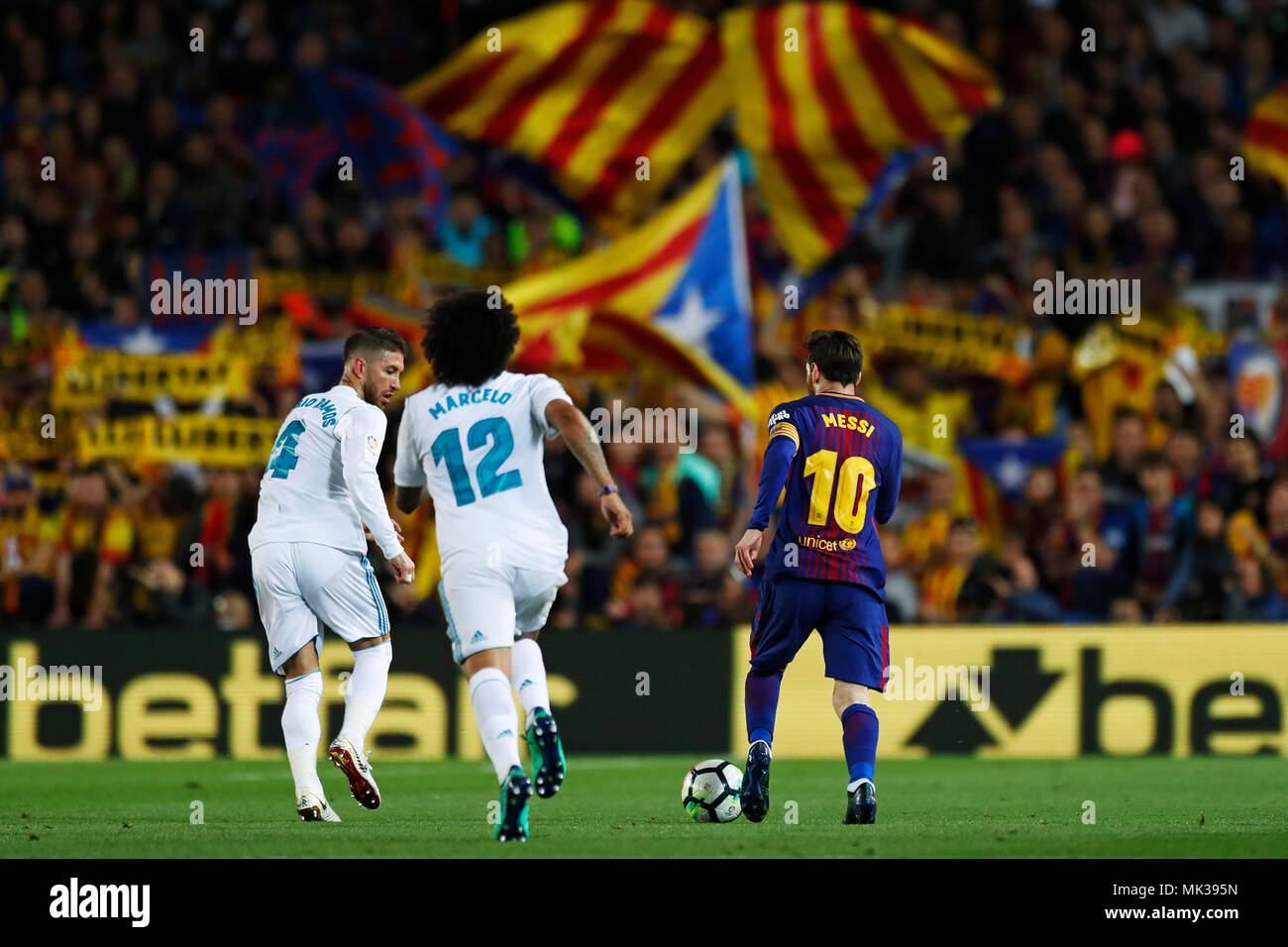 Barcelona, Spain. 6th May, 2018. Sergio Ramos (Real), Lionel Messi  (Barcelona), May 6, 2018 - Football/Soccer : Spanish Primera Division 