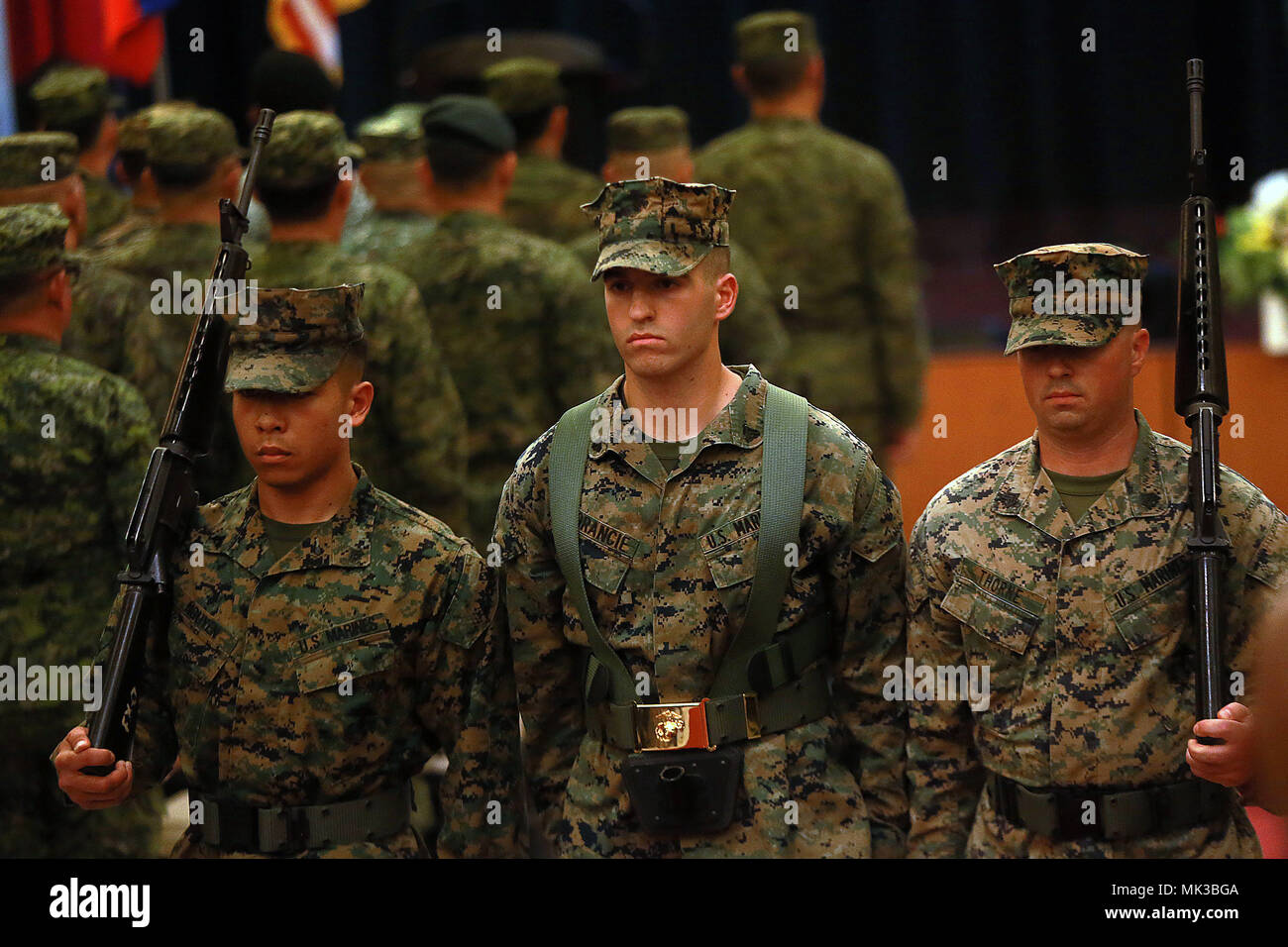 Quezon City, Philippines. 7th May, 2018. U.S. soldiers march during the opening ceremony of the 'Balikatan 2018' in Quezon City, the Philippines, May 7, 2018. Troops from the Philippines and the United States kicked off on Monday a series of joint military exercises designed to hone their interoperability skills in fighting terrorism and humanitarian assistance. Philippine Defense Secretary Delfin Lorenzana said the 12-day 'Balikatan 2018' will focus on interoperability training to address traditional and non-traditional security concerns. Credit: Rouelle Umali/Xinhua/Alamy Live News Stock Photo