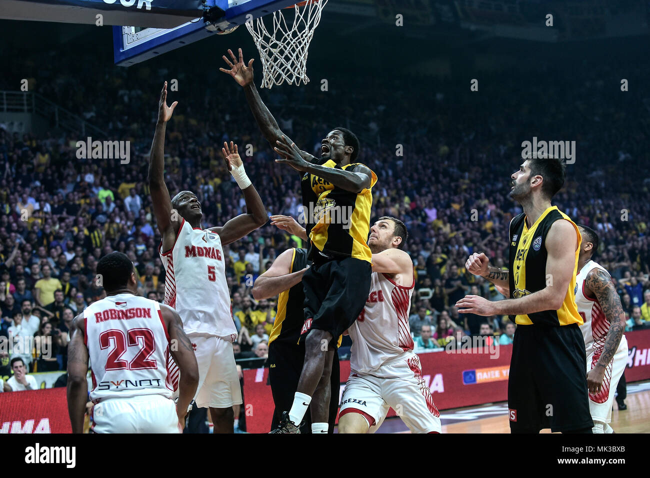 06 May 2018, Greece, Athens: Basketball, Champions League, AS Monaco vs AEK  Athens, Final: Athens' Manny Harris (C) in action. Photo: Angelos  Tzortzinis/dpa Stock Photo - Alamy