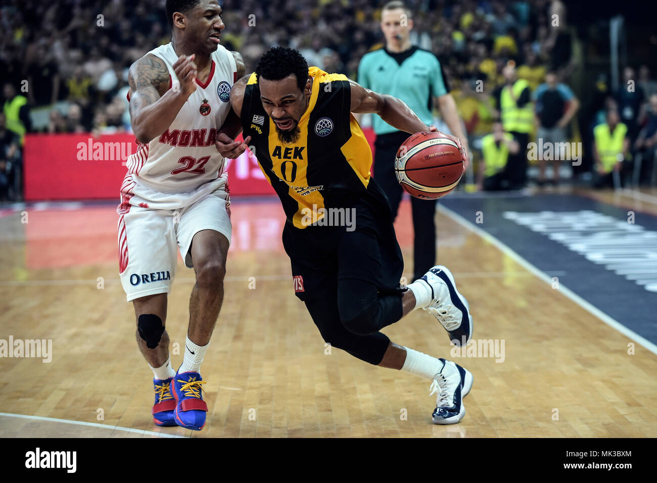 06 May 2018, Greece, Athens: Basketball, Champions League, AS Monaco vs AEK  Athens, Final: Athens' Kevin Punter (R) in action against Monaco's Gerald  Robinson. Photo: Angelos Tzortzinis/dpa Stock Photo - Alamy