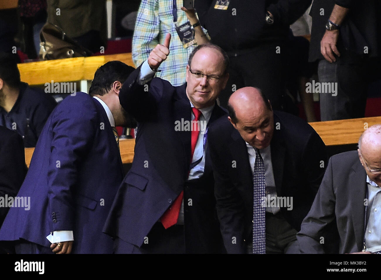 06 May 2018, Greece, Athens: Basketball, Champions League, AS Monaco vs AEK Athens, Final: Albert II, Prince of Monaco at the match. Photo: Angelos Tzortzinis/dpa Stock Photo