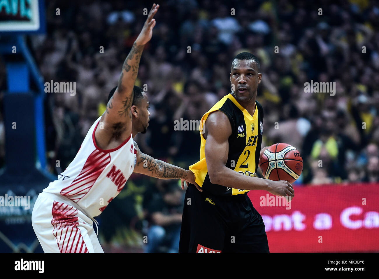 06 May 2018, Greece, Athens: Basketball, Champions League, AS Monaco vs AEK  Athens, Final: Athens' Mike Green (L) in action. Photo: Angelos  Tzortzinis/dpa Stock Photo - Alamy