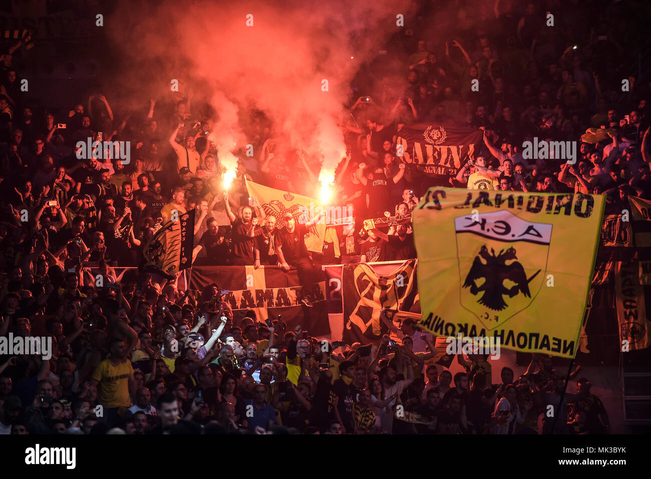 Athens, Greece. 06th May, 2018. 06 May 2018, Greece, Athens: Basketball,  Champions League, AS Monaco vs AEK Athens, Final: Athens' fans celebrate  and ignite fireworks after the match. Credit: Angelos Tzortzinis/dpa/Alamy  Live
