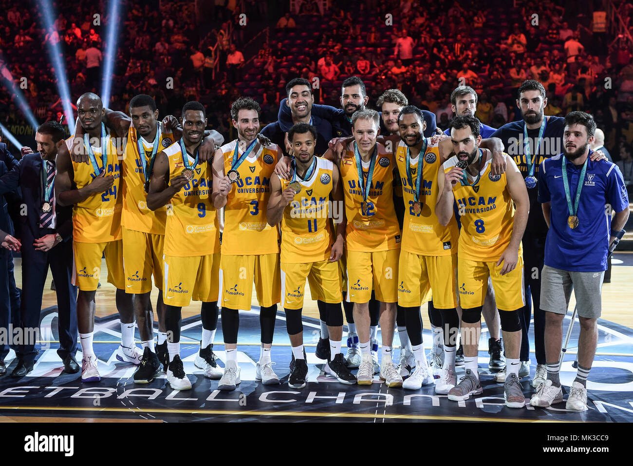 Athens, Greece. 06th May, 2018. 06 May 2018, Greece, Athens: Basketball, Champions  League, MHP Riesen Ludwigsburg vs UCAM Murcia, Final Four, Final, play-off  for third place. UCAM Murcia's players celebrate their third