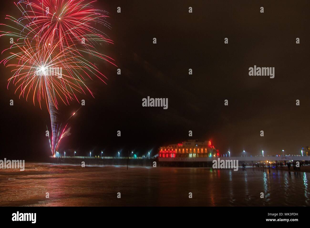 Fireworks being shot from the pier at Daytona Beach in Florida Stock