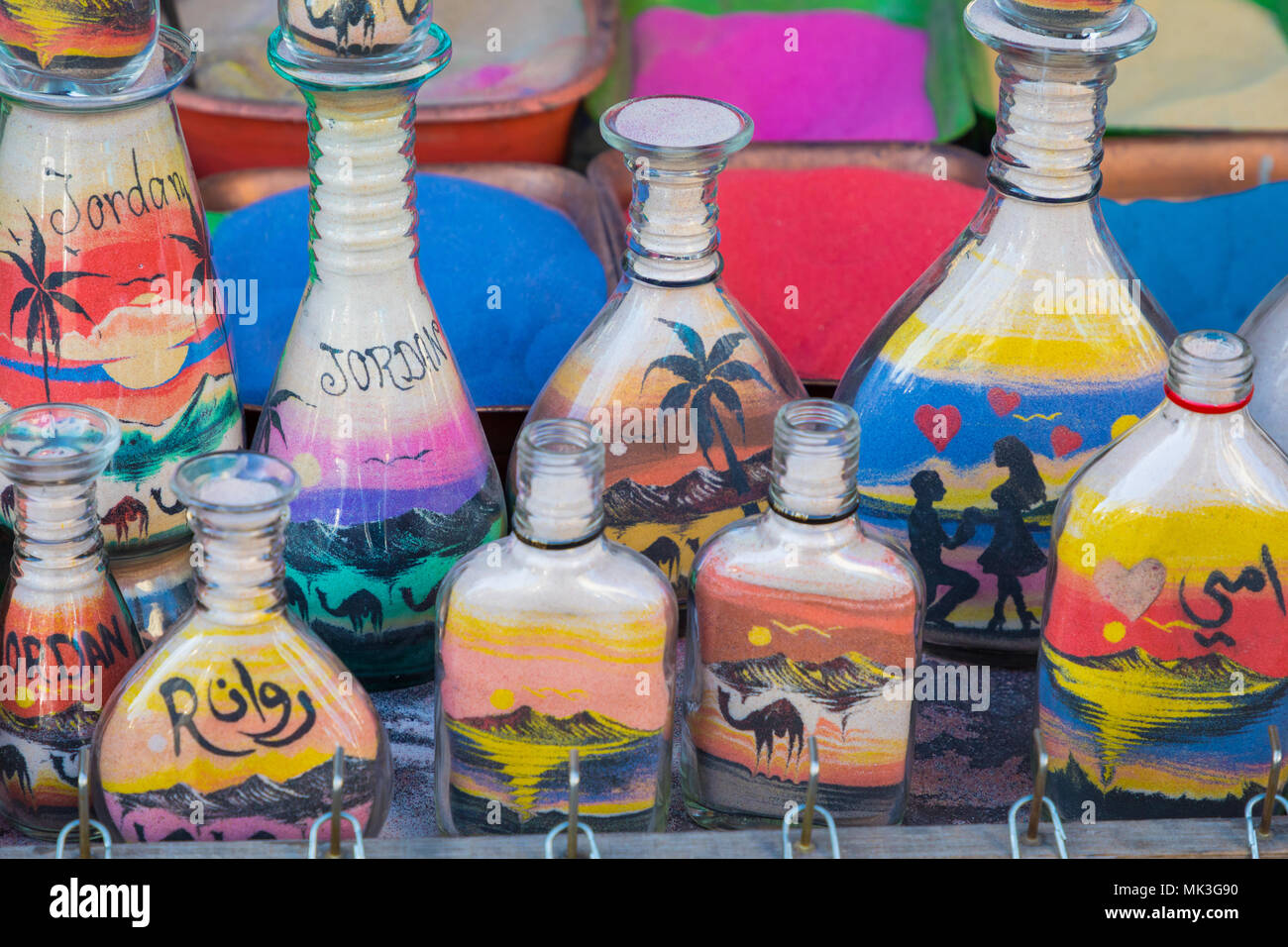 Souvenirs from Jordan - bottles with sand and shapes of desert and camels  Stock Photo - Alamy