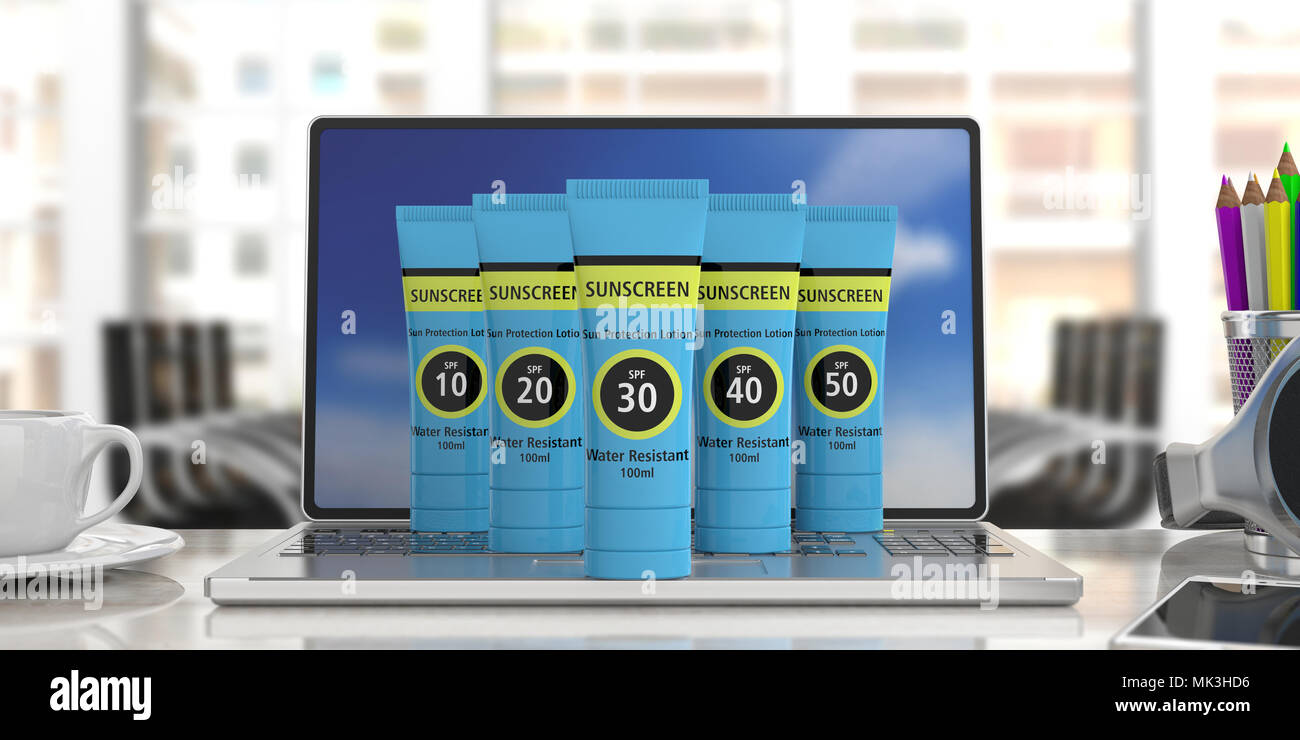 Sunscreen, sun protection lotion on computer laptop, blur office  background. 3d illustration Stock Photo - Alamy