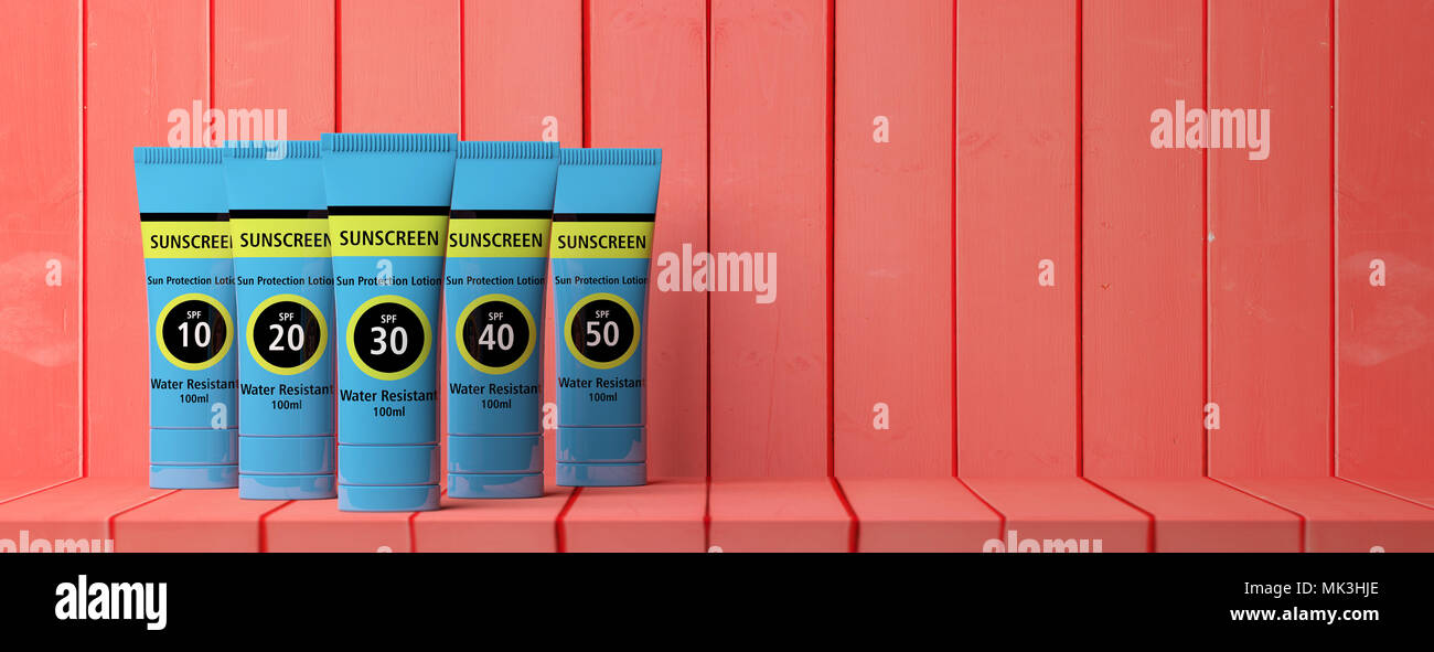 Sun tan protection. Sunscreen lotion tubes, various spf, isolated on red wooden background, front view, copy space, banner. 3d illustration Stock Photo