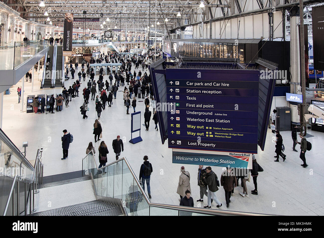London, UK: February 26, 2018: Waterloo Railway Station is a central London terminus on the National Rail network located in the Borough of Lambeth. Stock Photo