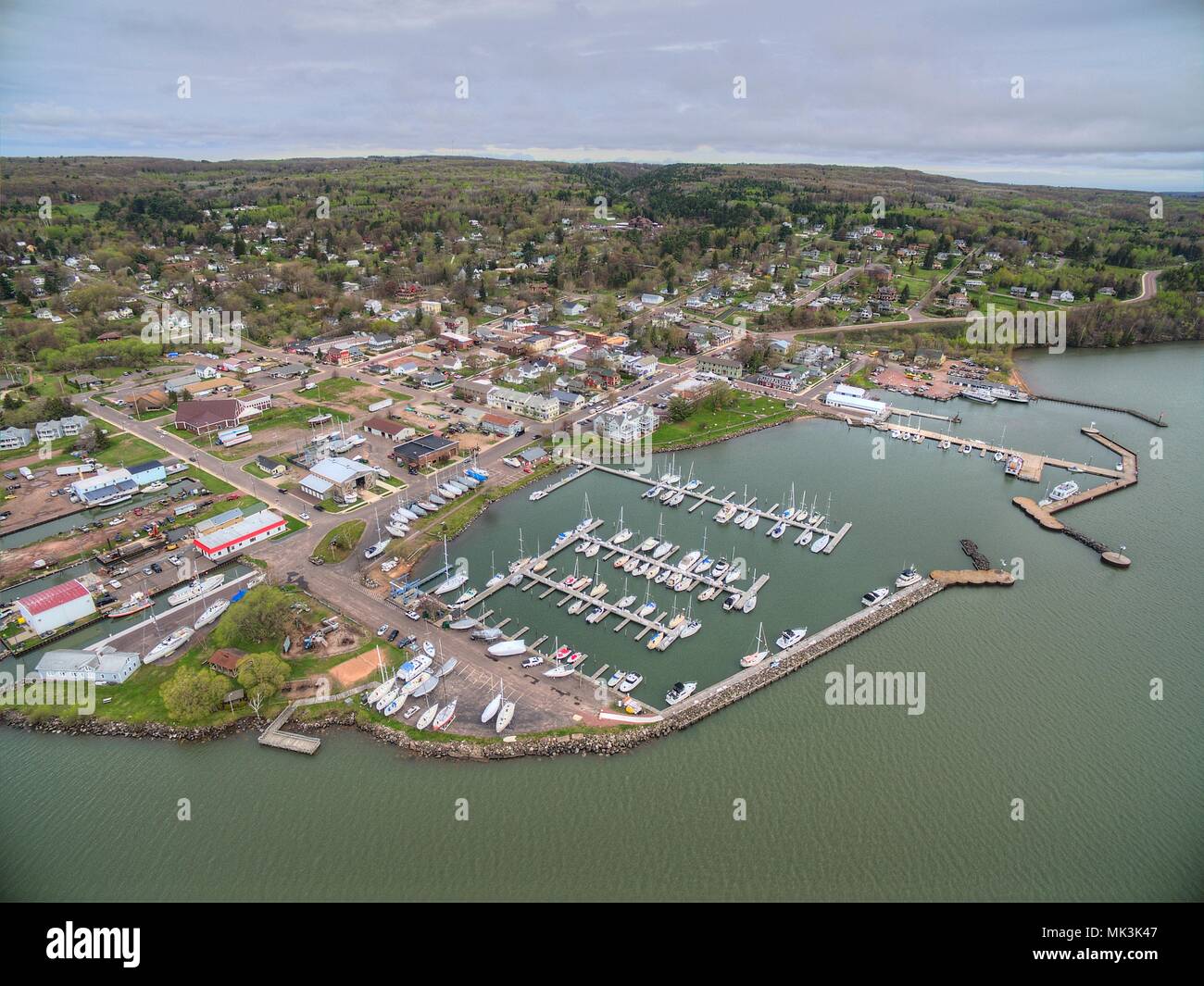 Bayfield Wisconsin and Lake Superior Aerial View during Summer Stock