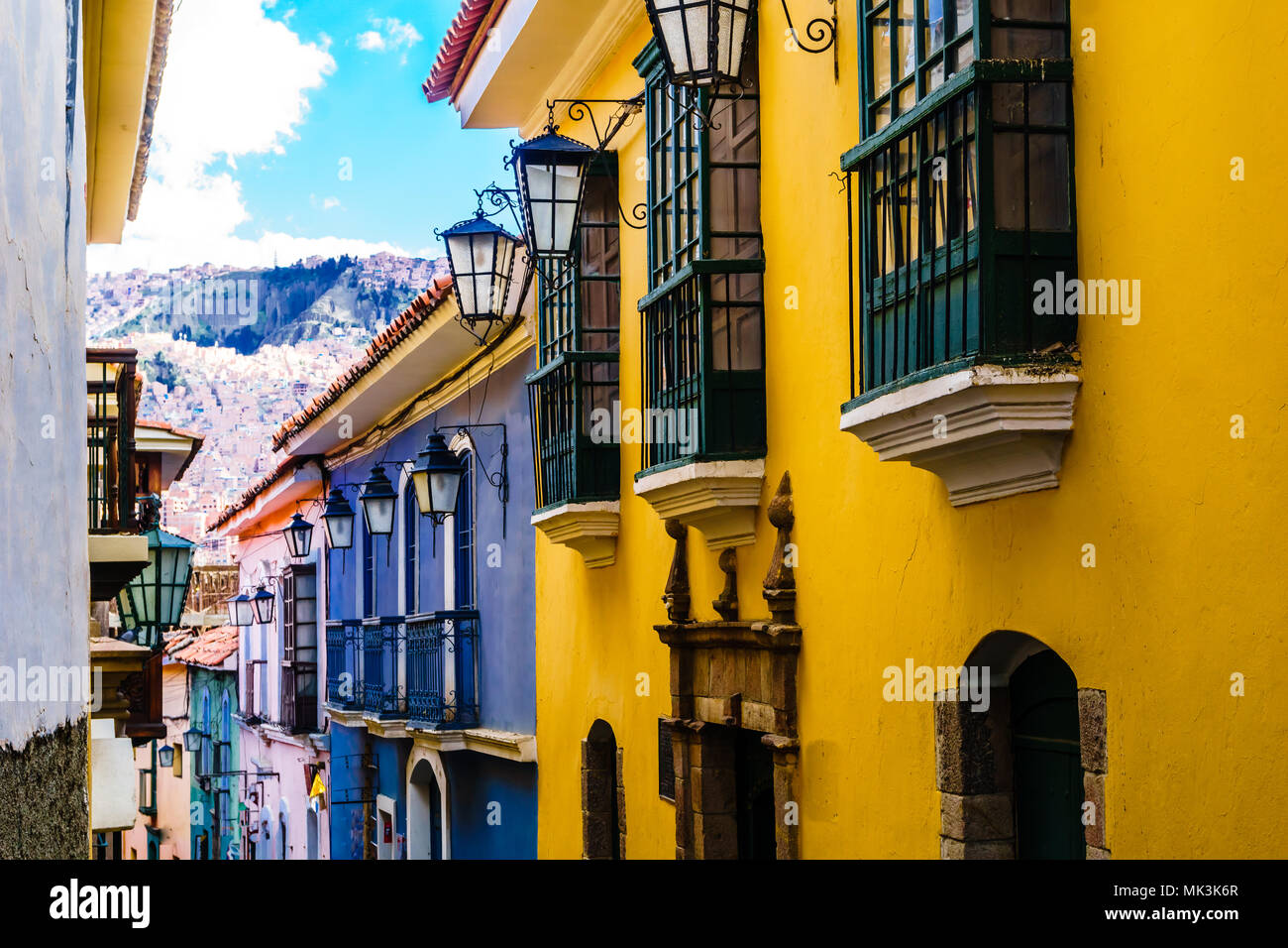 View on colonial buildings by jaen street in La Paz Bolivia Stock