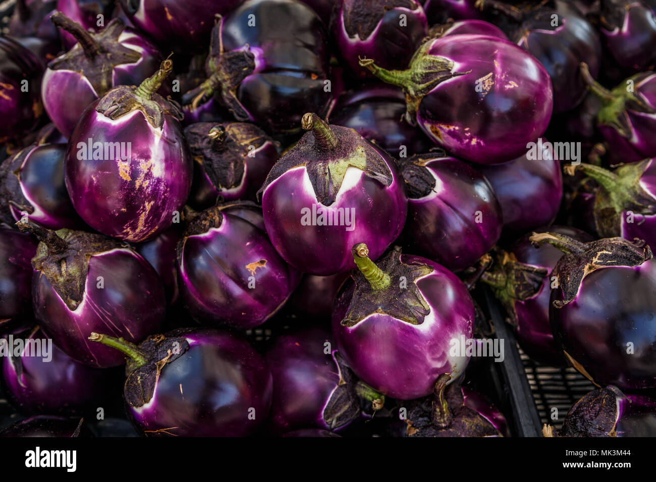 Eggplants in the streets of famous Ballarò market in Palermo, Sicily Stock Photo