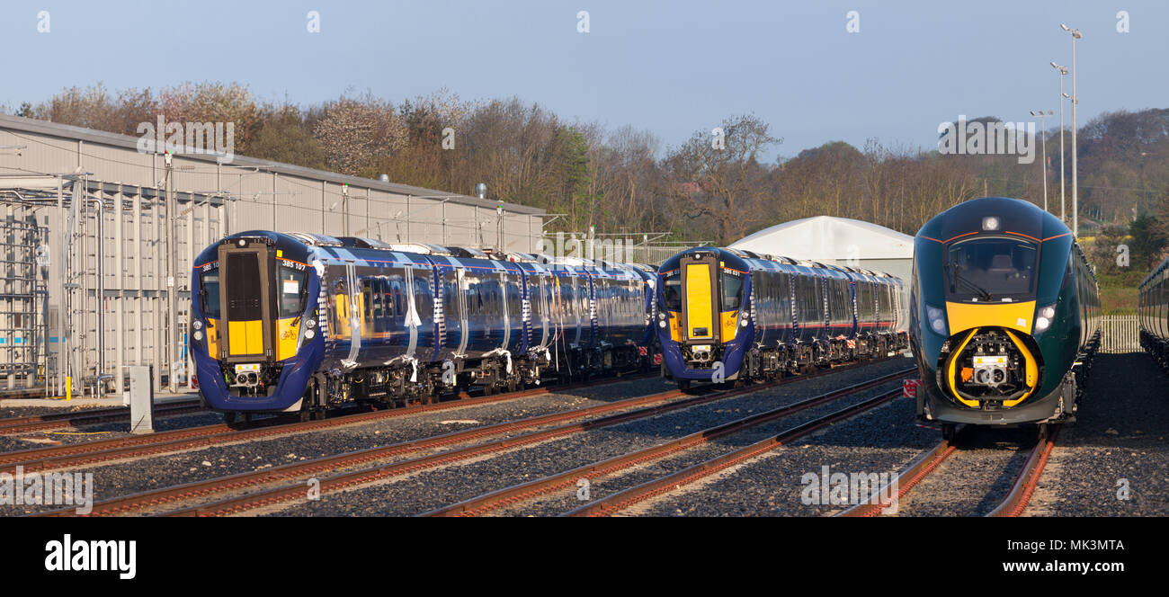 Hitachi train assembly plant, Newton Aycliffe, UK  new class 385's for Scotrail and class 800 IEP train  for GWR awaiting delivery Stock Photo