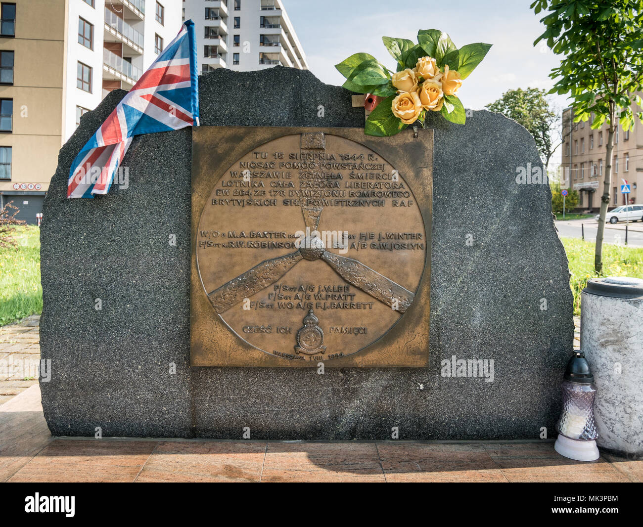 Memorial stone commemorating victims of Liberator crash during WW2, Warsaw, Poland Stock Photo