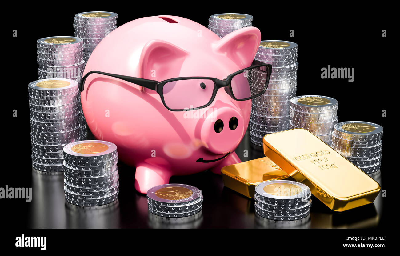 Piggy bank with golden coins and gold ingots, 3D rendering Stock Photo ...