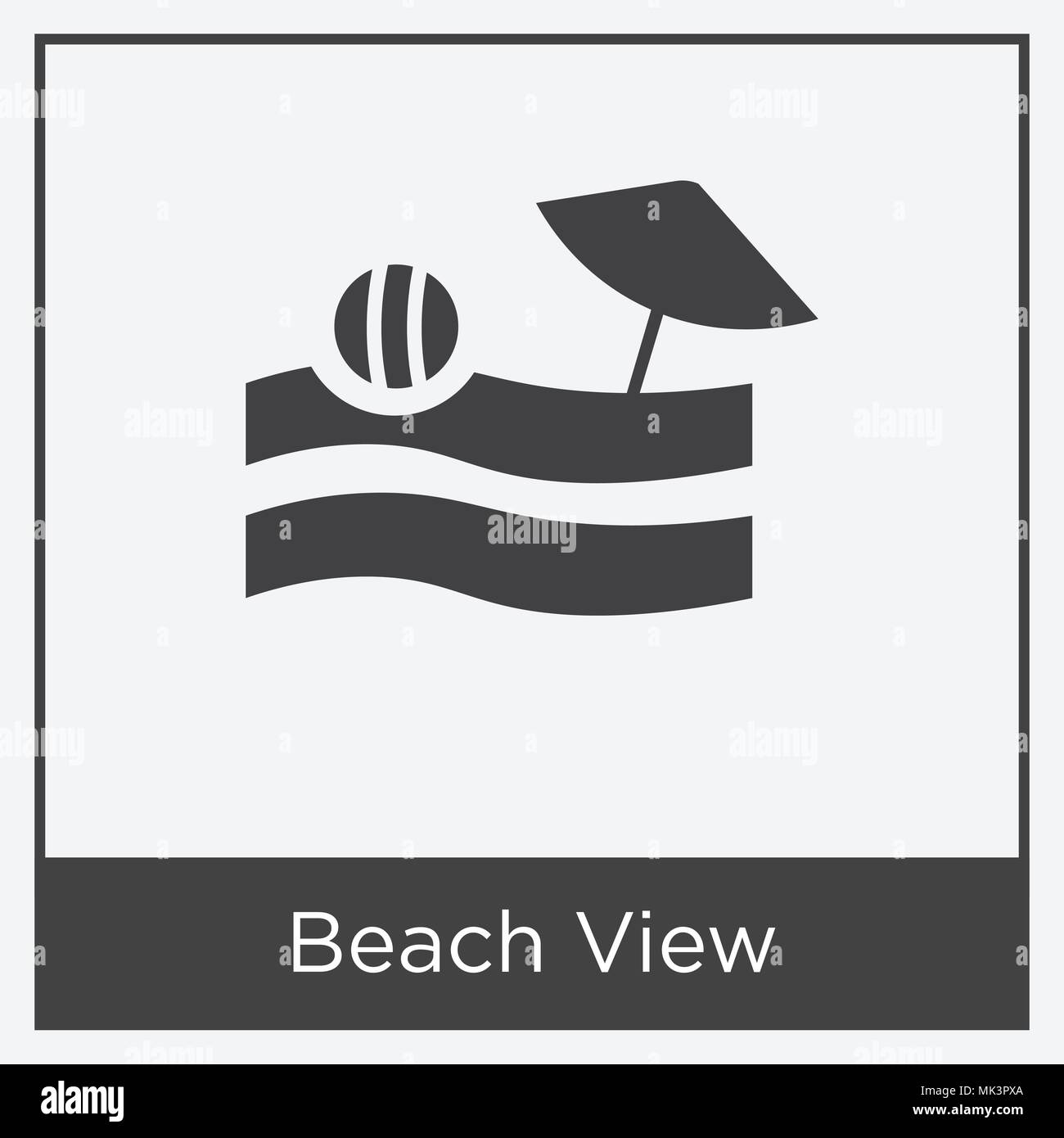 Beach View icon isolated on white background with gray frame, sign and ...