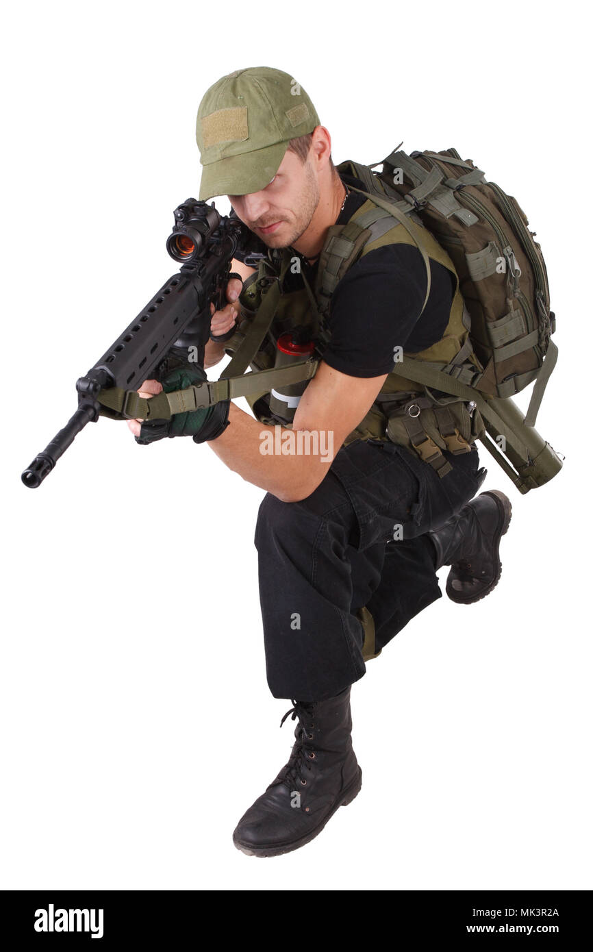 Private military contractor - rifleman with assault rifle isolated on white Stock Photo