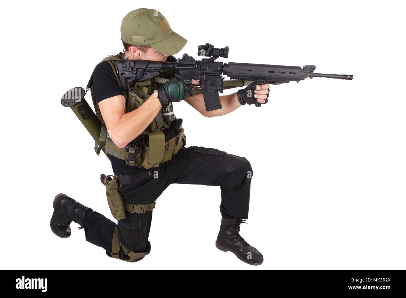 Private military contractor - rifleman with assault rifle isolated on white Stock Photo