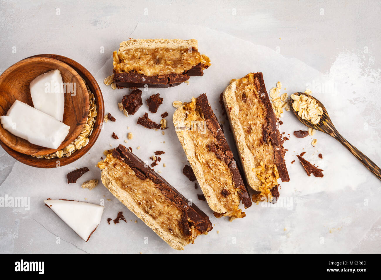 Coconutoat raw vegan bars. Top view, copy space. Healthy vegan food