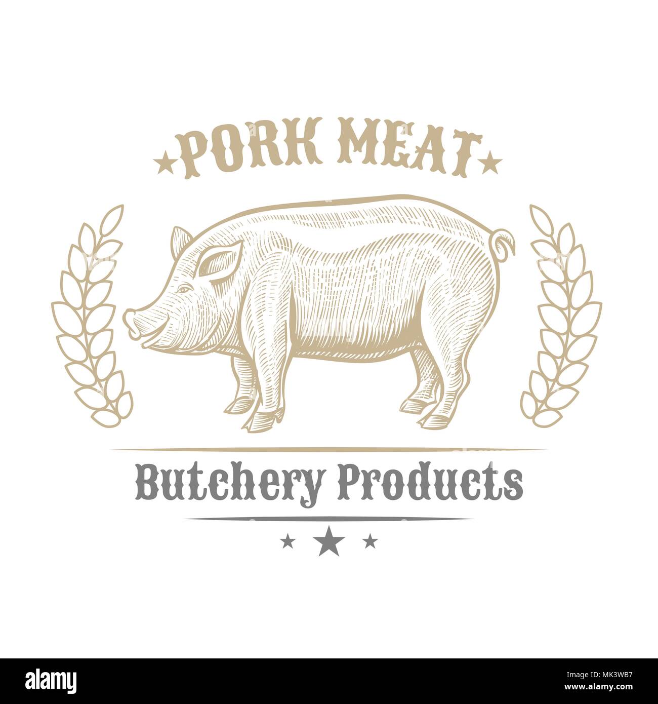 Isolated vintage golden and royal emblem of farm animal. Pig or pork meat.  Butchery products market. Hand made illustration and lettering. Concept  template for branding Stock Vector Image & Art - Alamy