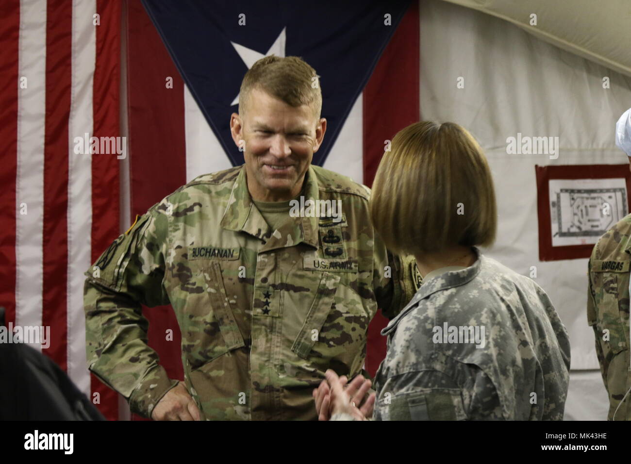 HUMACAO, Puerto Rico -- Army Lt. Gen. Jeffrey S. Buchanan, the commander of  ground forces on the island of Puerto Rico, tours the 14th Combat Army  Support Hospital in Humacao November 3,