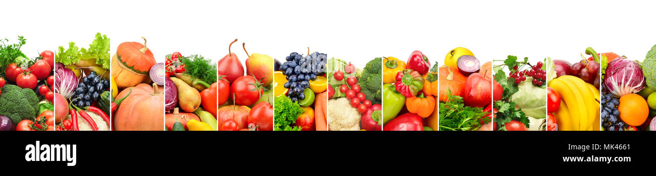 Panoramic collection fresh fruits and vegetables isolated on white. Wide photo with free space for text. Stock Photo