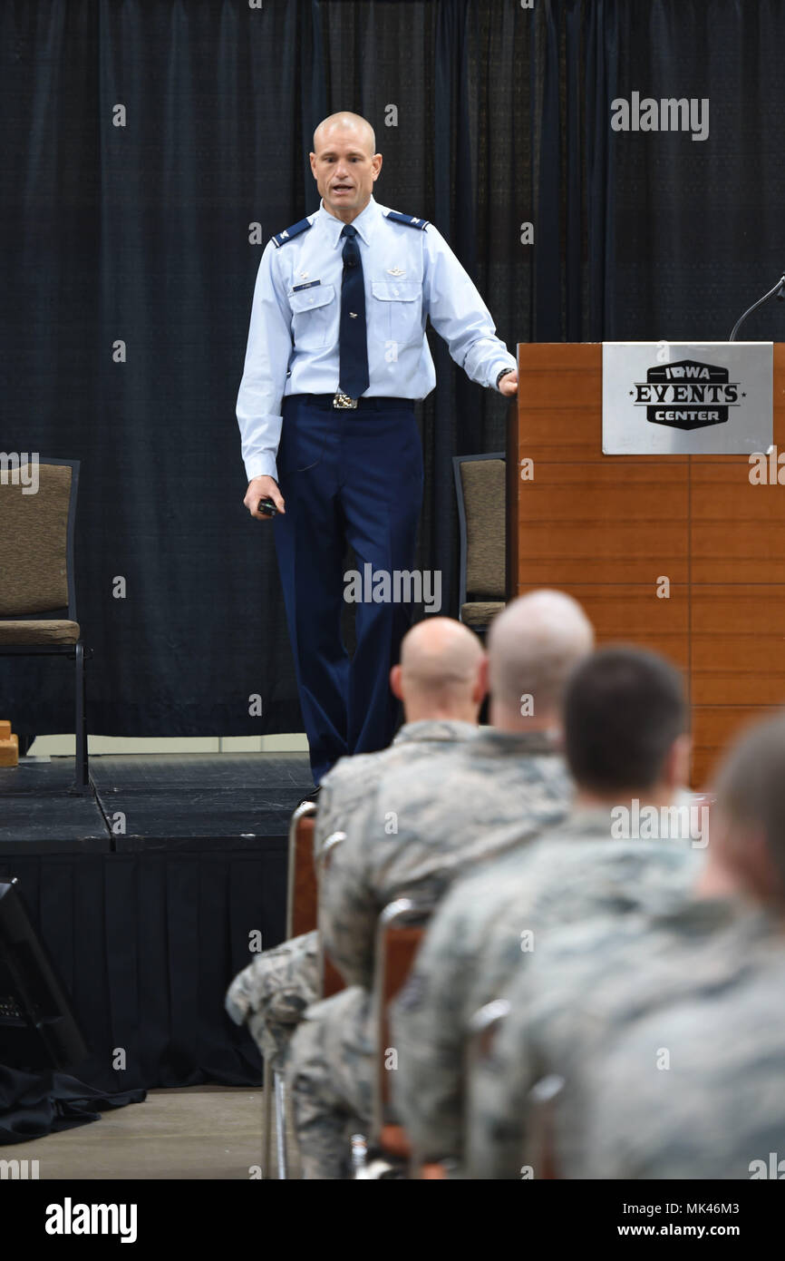Col. Shawn D. Ford speaks to the Airmen of the 132d Wing during the