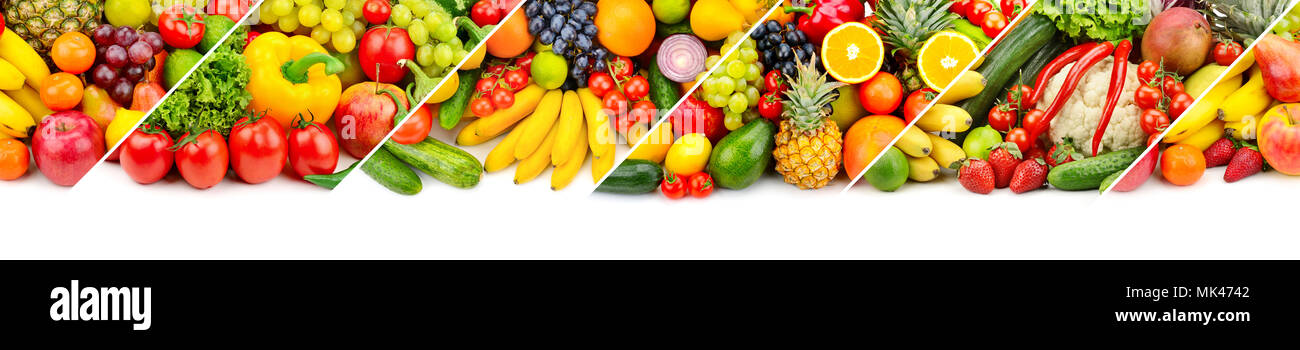 Panoramic collage of fresh fruits and vegetables isolated on white background. Free space for text. Stock Photo