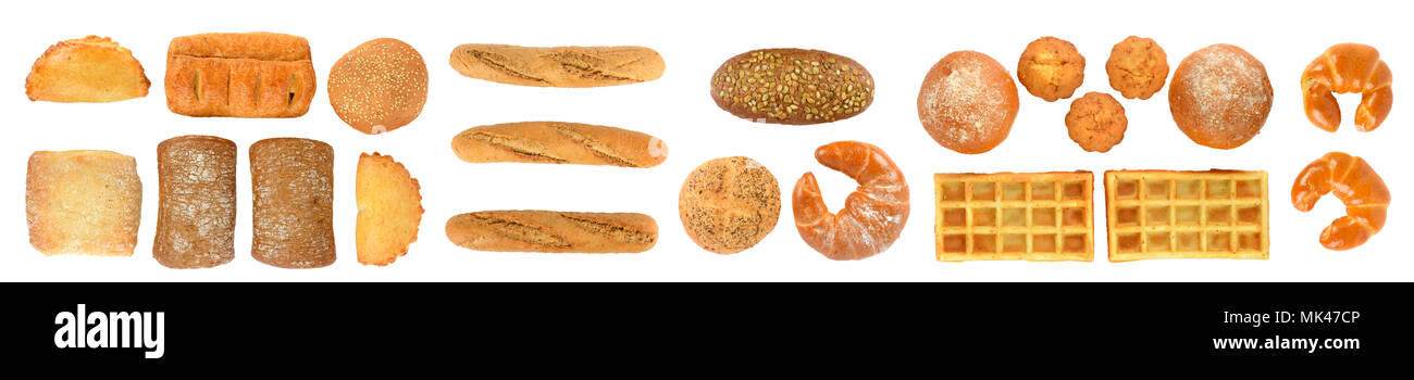 Panoramic set of fresh bread products isolated on white background. Top view. Flat lay. Stock Photo