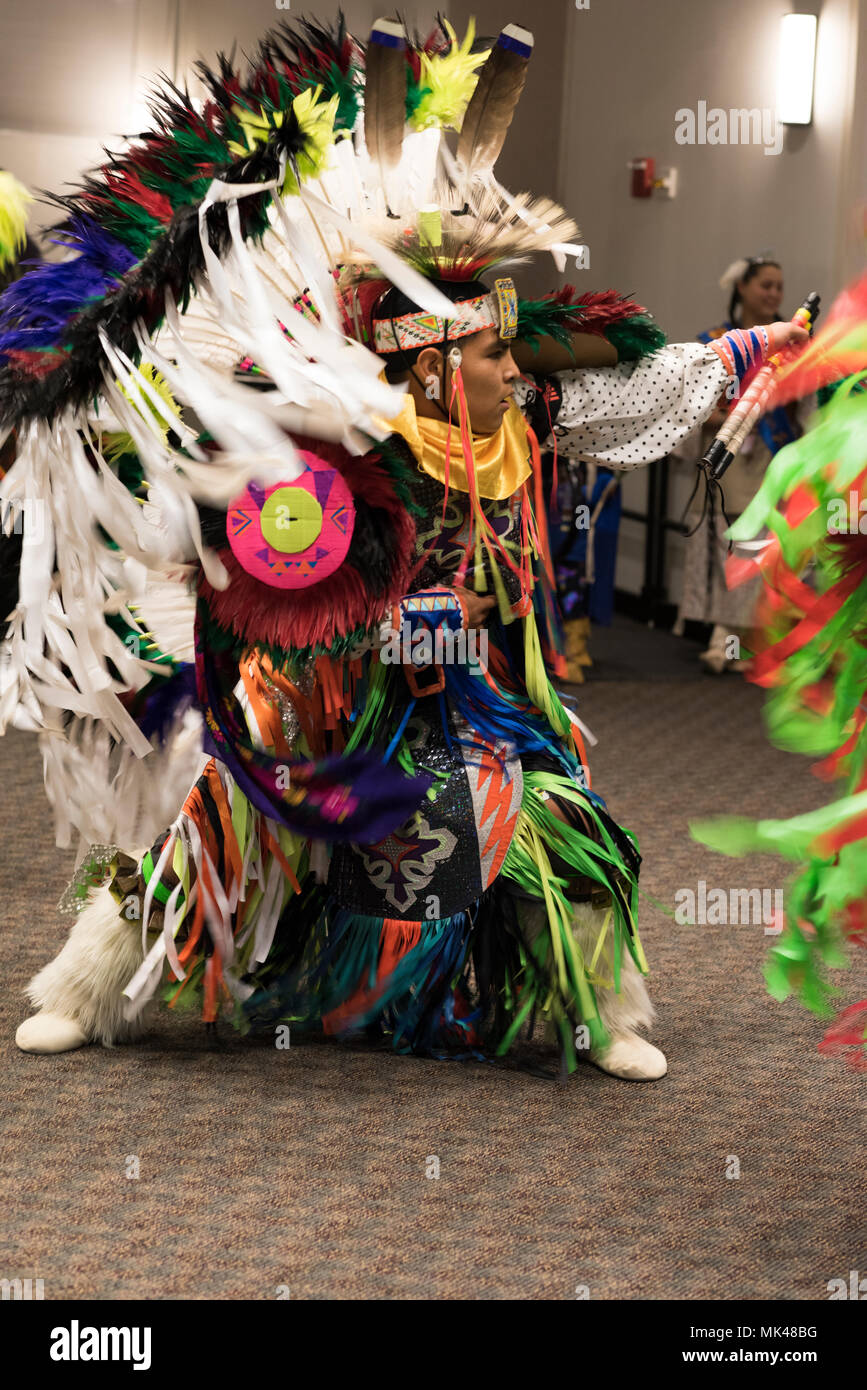 Comanche Nathion Youth Dancer performs "men's fancy war dance" at Sheppard  Air Force Base, Texas, Nov. 2. This celebration took place at the Solid Rock  Cafe directly following the wreath laying cermony