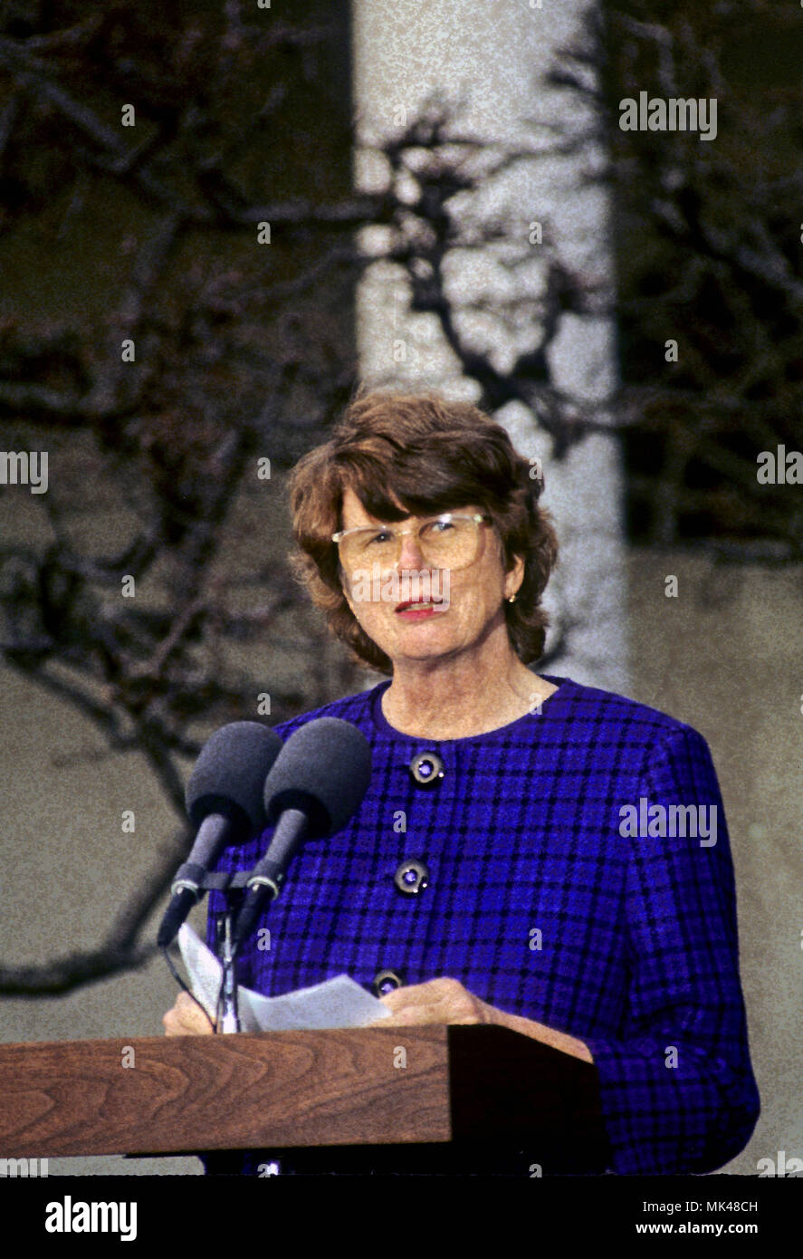 Washington DC., USA, February 11, 1993 United States Attorney General Designate Janet Reno speaks to reporters in the Rose Garden of the White House. After being introduced by President William Clinton as his nominee for the position of Attorney General of the United States. Stock Photo
