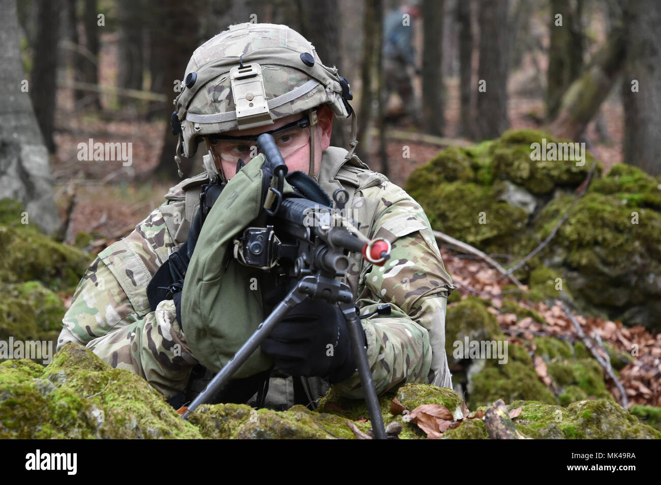 U.S. Army Cpl. Derik Meyers with D Troop, Regimental Engineer Squadron, 2nd Cavalry Regiment provides security during Exercise Allied Spirit VII at the 7th Army Training Command’s Hohenfels Training Area, Germany, Nov. 8, 2017. Approximately 4,050 service members from 13 nations are participating in the exercise from Oct. 30 to Nov. 22, 2017. Allied Spirit is a U.S. Army Europe-directed, 7ATC-conducted multinational exercise series designed to develop and enhance NATO and key partner’s interoperability and readiness. (U.S. Army photo by Gertrud Zach) Stock Photo