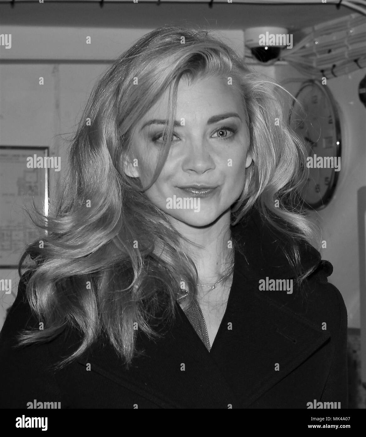 LONDON - OCT 27, 2017: ( Image digitally altered to monochrome)  Natalie Dormer seen leaving the Theatre Royal in London Stock Photo