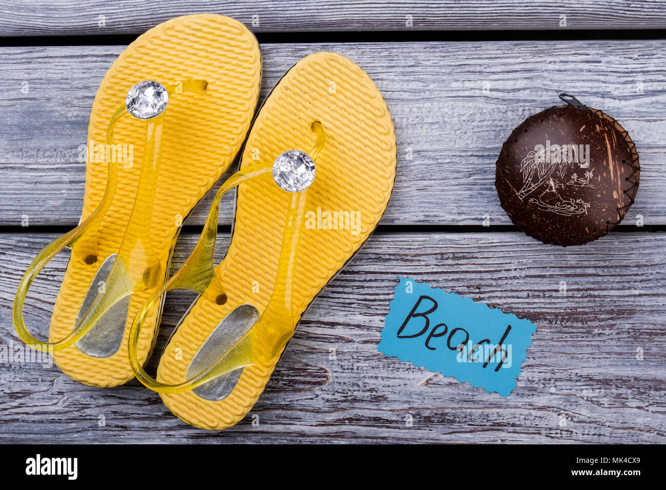 Flat Lay Beach Footwear And Accessories Top View Yellow Flip