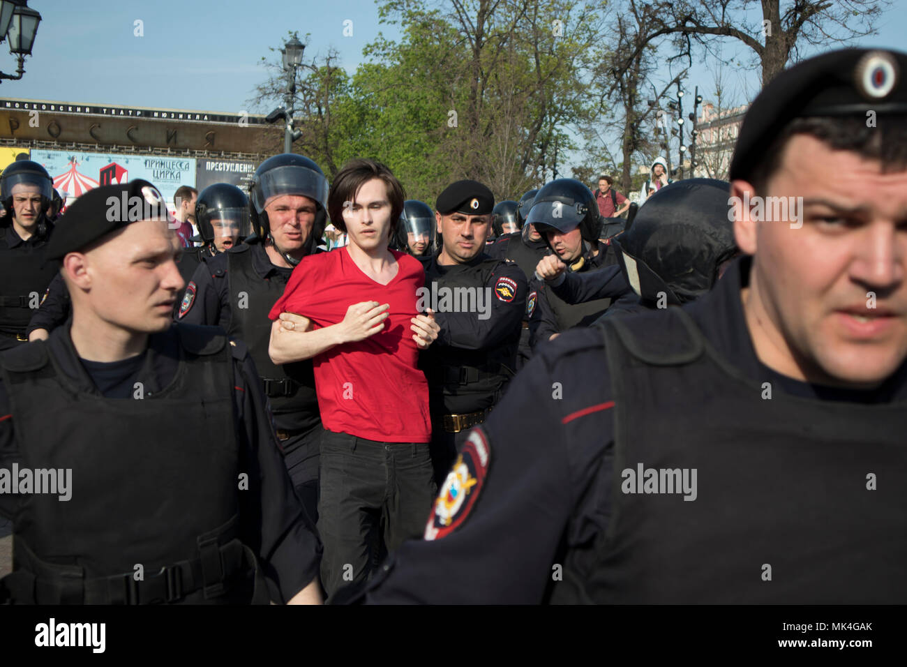 Moscow, RUSSIA - MAY 5, 2018: Police officers in riot gear at Pushkin ...