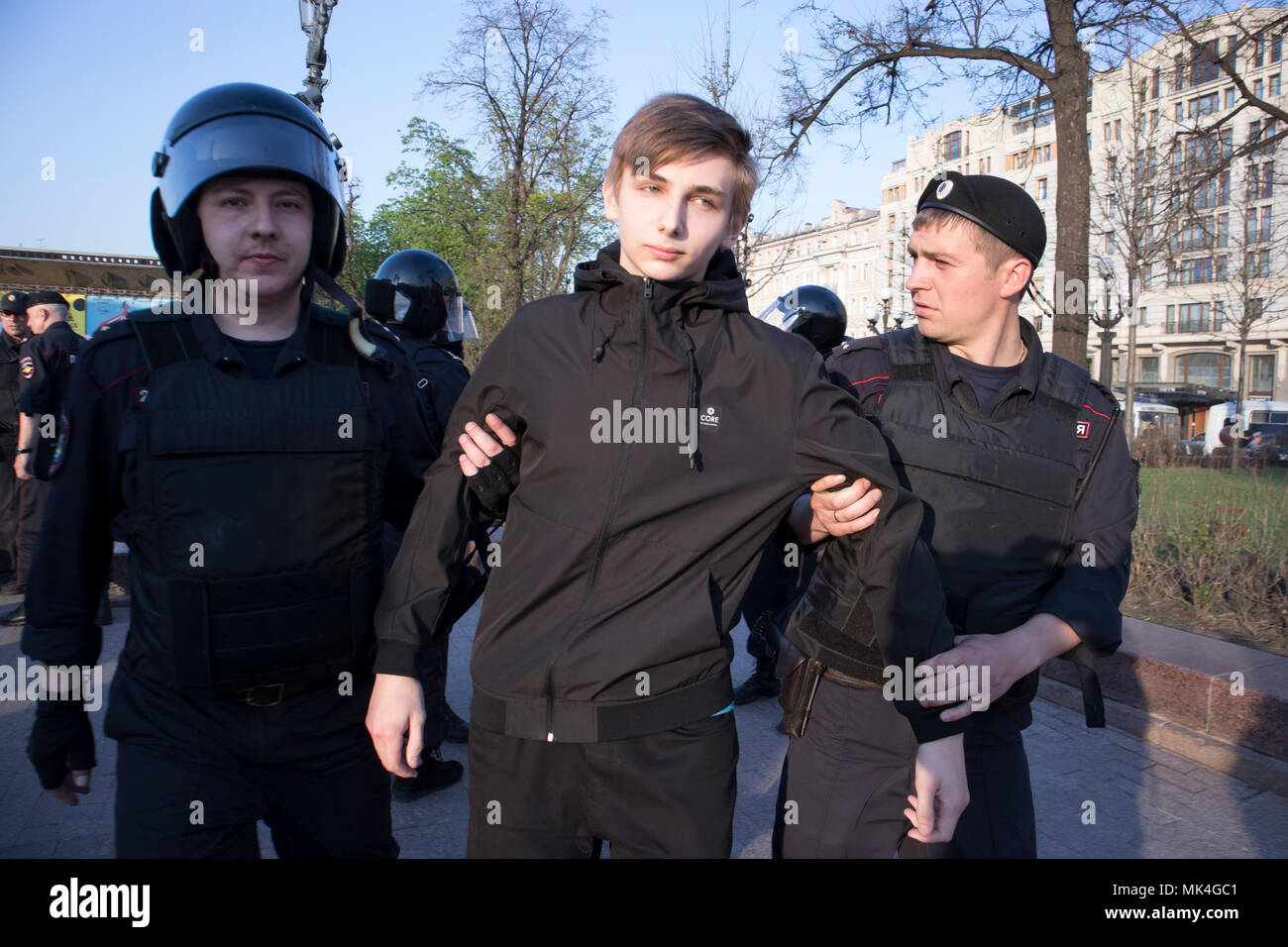 Moscow, RUSSIA - MAY 5, 2018: Police officers in riot gear at Pushkin ...