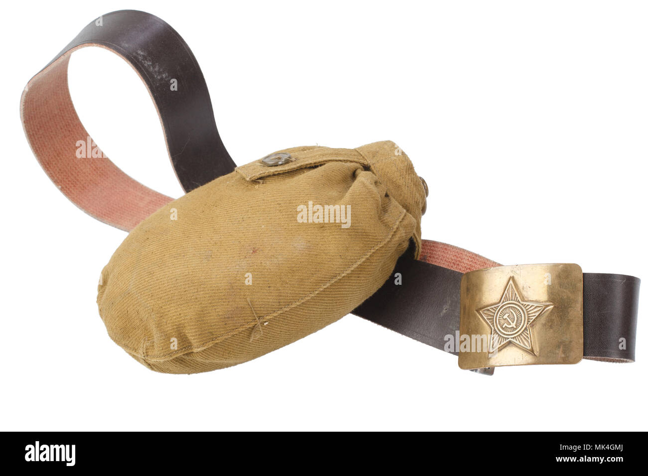 Soviet Army water canteen with belt isolated on white background Stock Photo