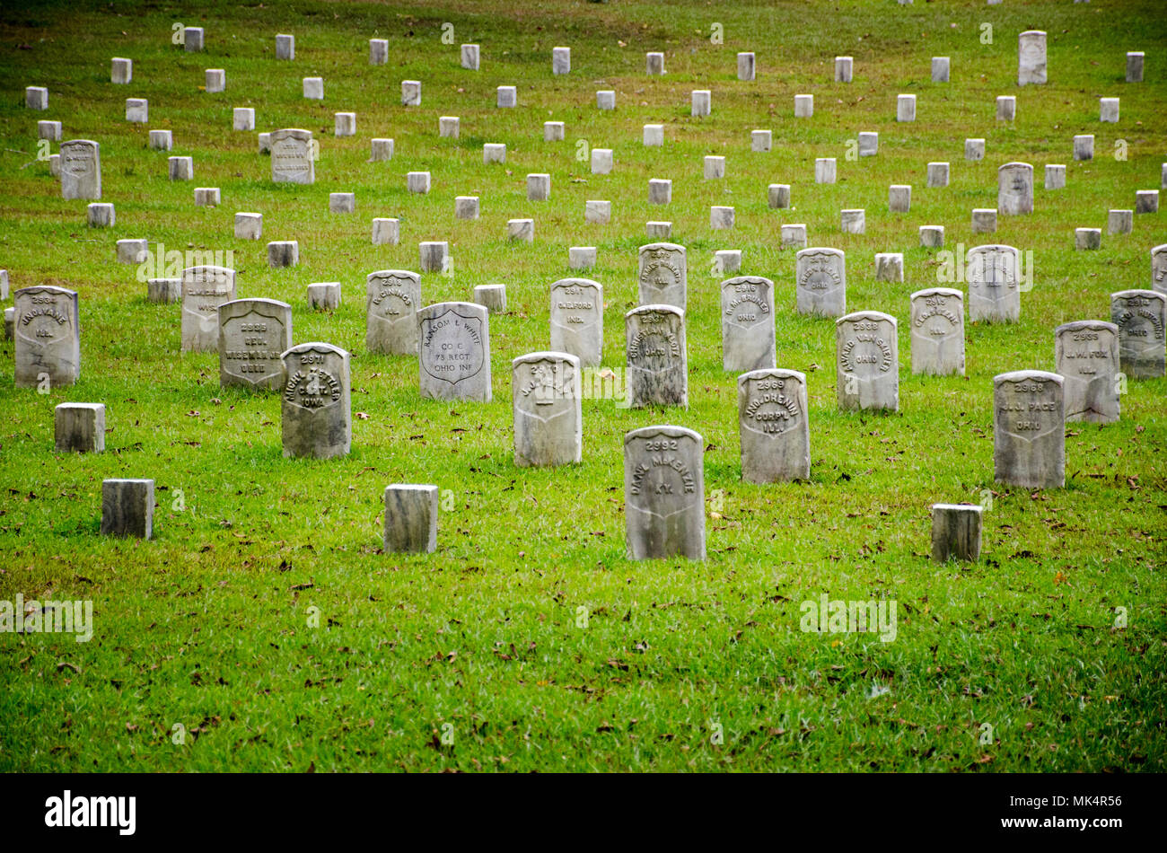 Shiloh National Cemetery, on the bluff above Pittsburg Landing, holds 3,584 Civil War dead, 2,359 of them unknown. Stock Photo