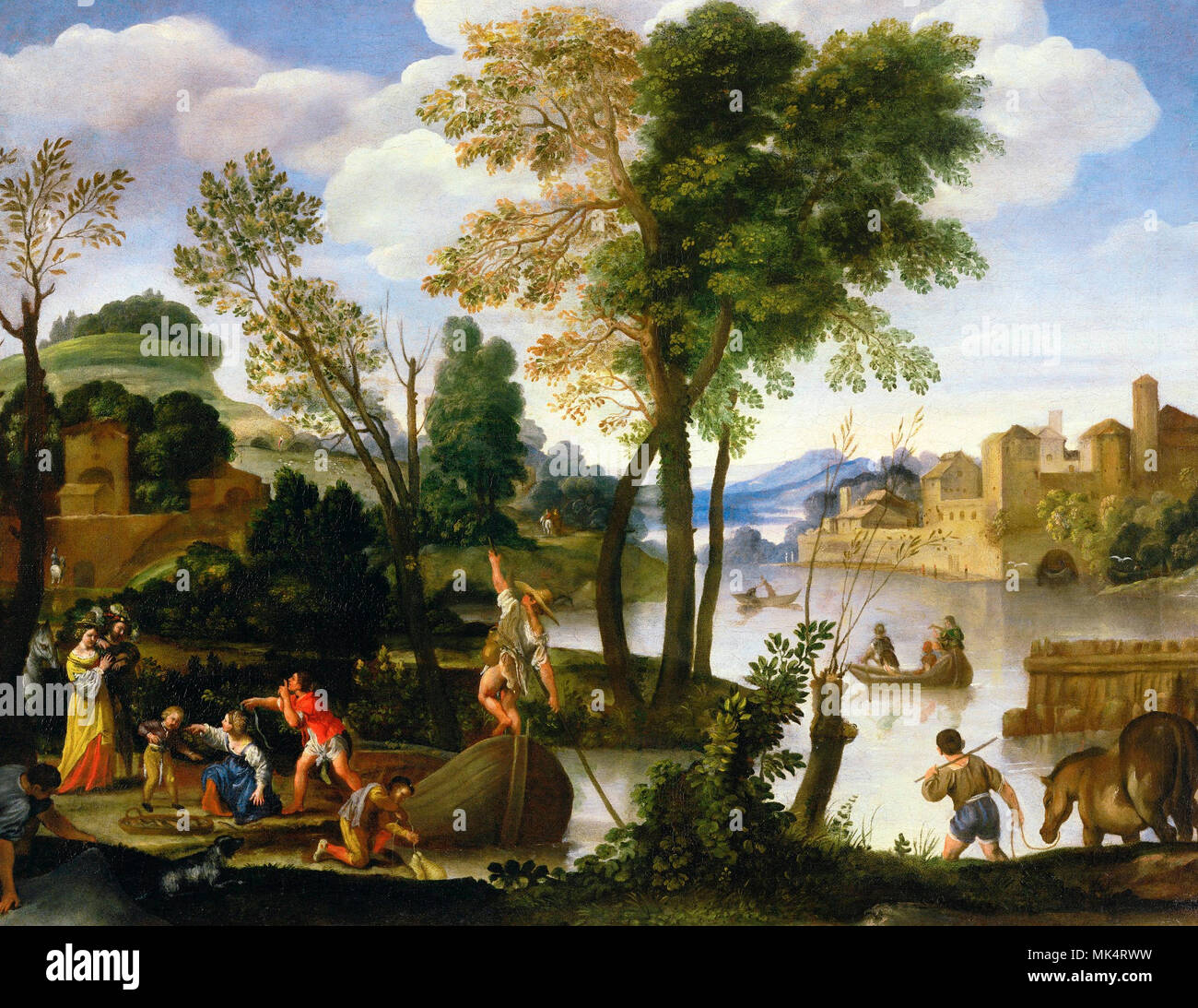 River landscape with Boatmen and Fisherman, an elegant couple walking by the shore - Domenichino Stock Photo