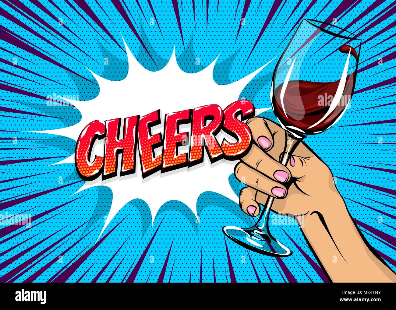 Pop art woman hand hold red wine glass vintage Stock Vector