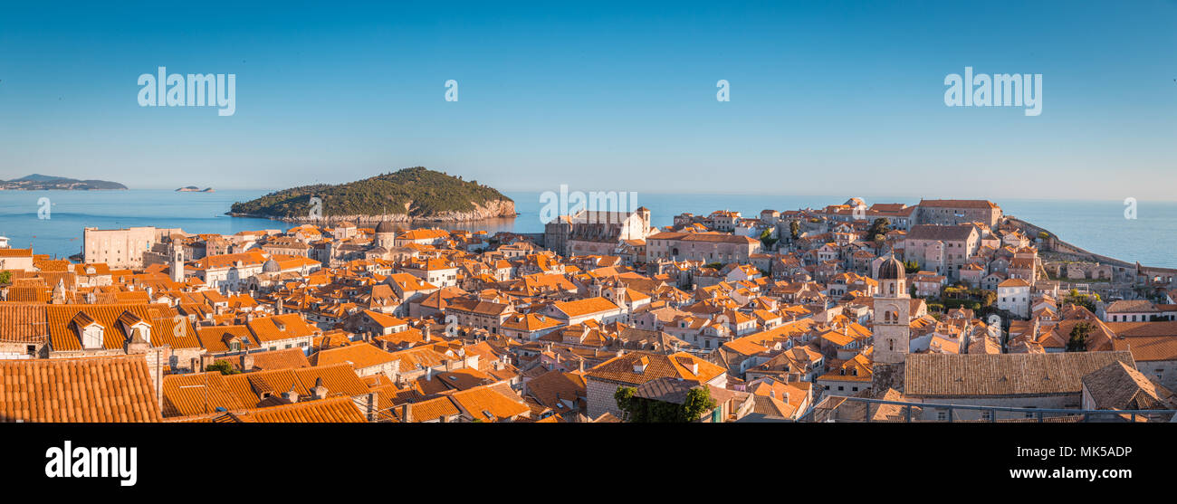 Panoramic view of the old town of Dubrovnik in beautiful golden evening light at sunset with blue sky in summer, Dalmatia, Croatia Stock Photo