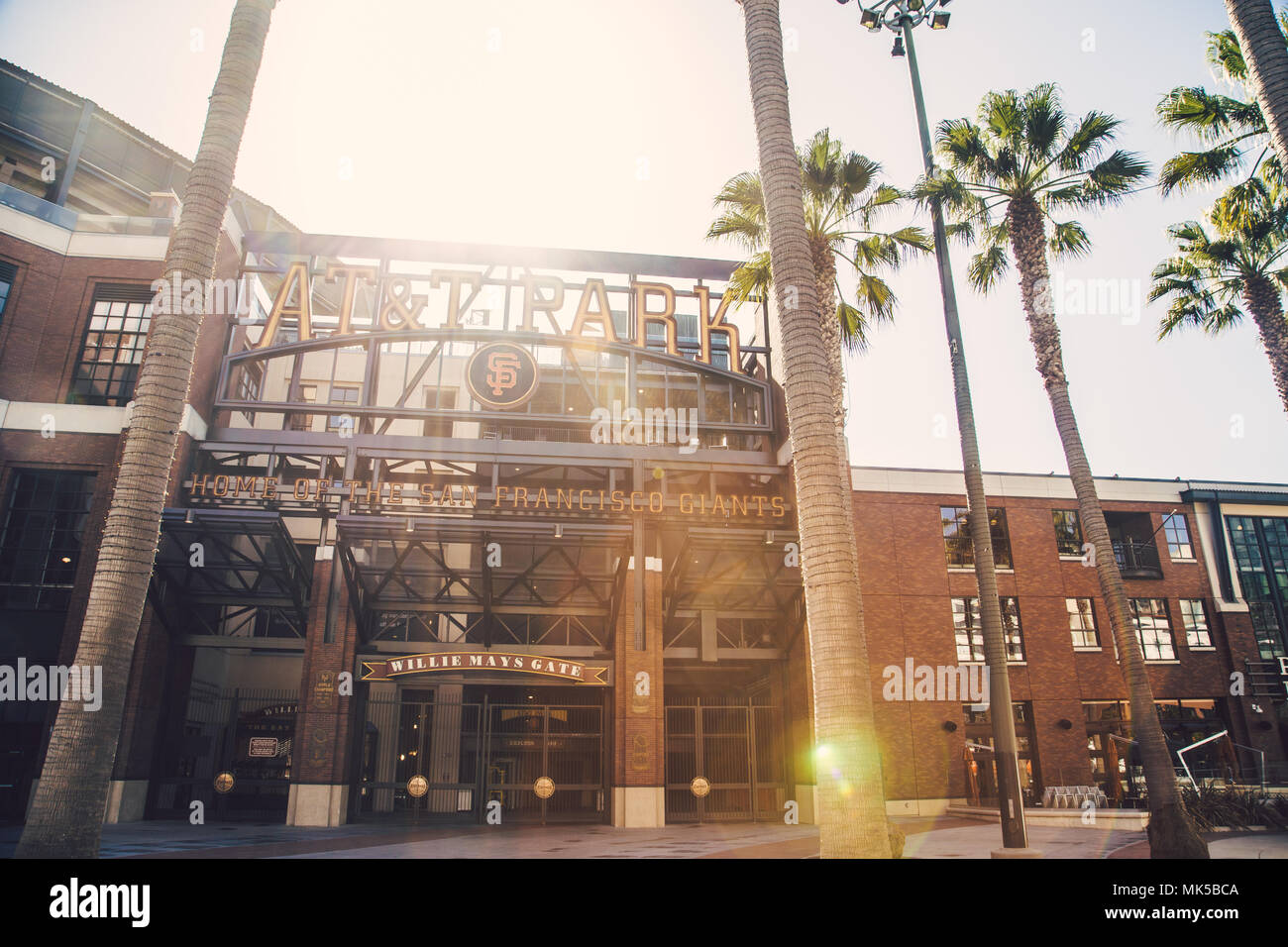 Panorama view of historic AT&T Park baseball park, home of the San Francisco Giants professional baseball franchise, on a sunny day, California, USA Stock Photo