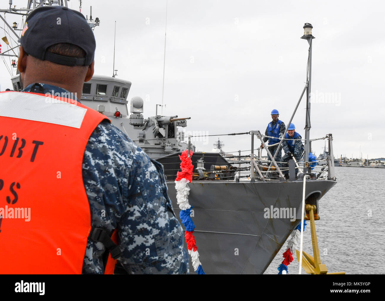 171110-N-NY430-034 JACKSONVILLE, Fla. (Nov. 10, 2017) Cyclone-class coastal patrol ship USS Zephyr (PC 8) returns to Naval Station Mayport following a 76-day patrol in support of U.S. 4th Fleet area of operations. Working with partner nations participating in Operation Martillo, a partnership to target illicit drug trafficking routes in the waters off Central America, Zephyr seized 726 kilograms of cocaine valued at approximately $17-26 million in street value. (U.S. Navy photo by Mass Communication Specialist 3rd Class Kristopher S. Haley/ Released) Stock Photo