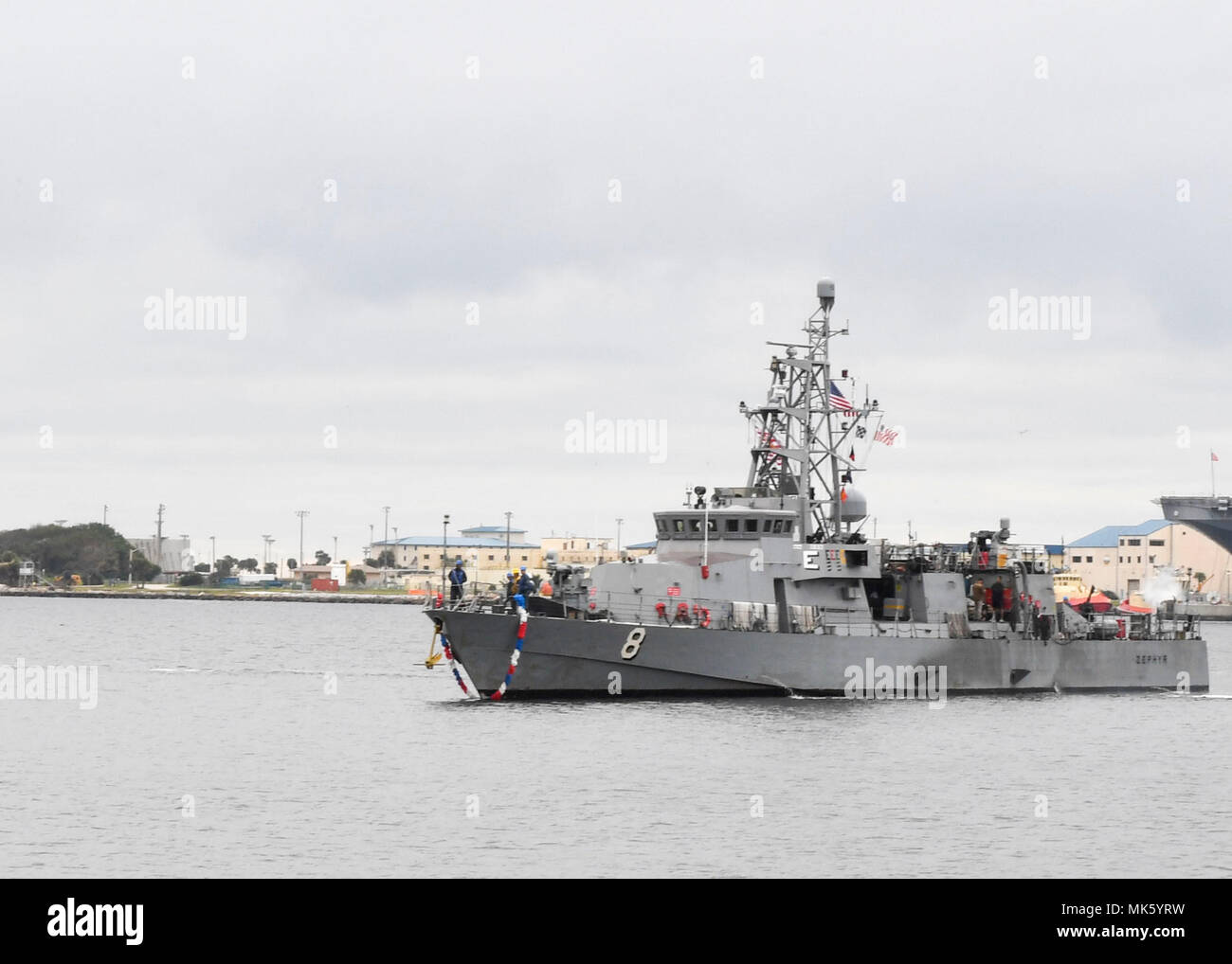 171110-N-NY430-011 JACKSONVILLE, Fla. (Nov. 10, 2017) Cyclone-class coastal patrol ship USS Zephyr (PC 8) returns to Naval Station Mayport following a 76-day patrol in support of U.S. 4th Fleet area of operations. Working with partner nations participating in Operation Martillo, a partnership to target illicit drug trafficking routes in the waters off Central America, Zephyr seized 726 kilograms of cocaine valued at approximately $17-26 million in street value. (U.S. Navy photo by Mass Communication Specialist 3rd Class Kristopher S. Haley/ Released) Stock Photo