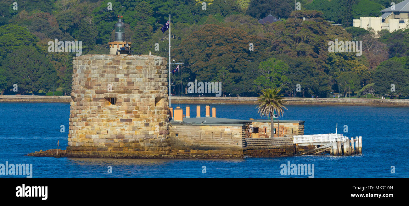 Fort Denison on Sydney Harbour in Australia, with Farm Cove and the Royal Botanic Gardens in the background. Stock Photo
