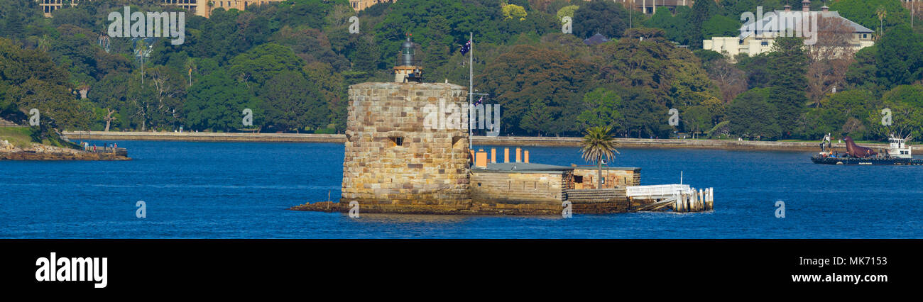 Fort Denison on Sydney Harbour in Australia, with Farm Cove and the Royal Botanic Gardens in the background. Stock Photo