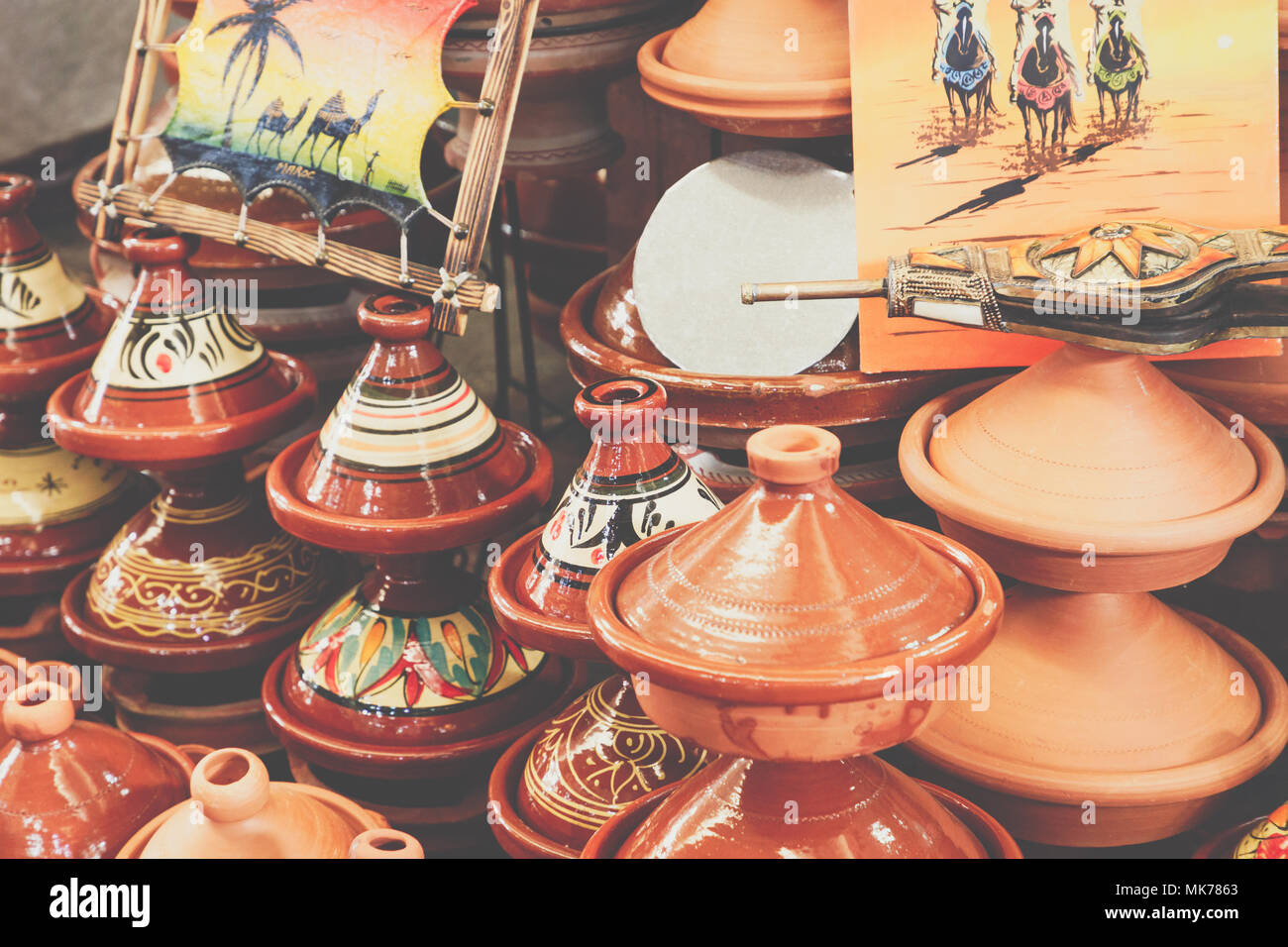 Selection of very colorful Moroccan tajines. Traditional dish, meat and